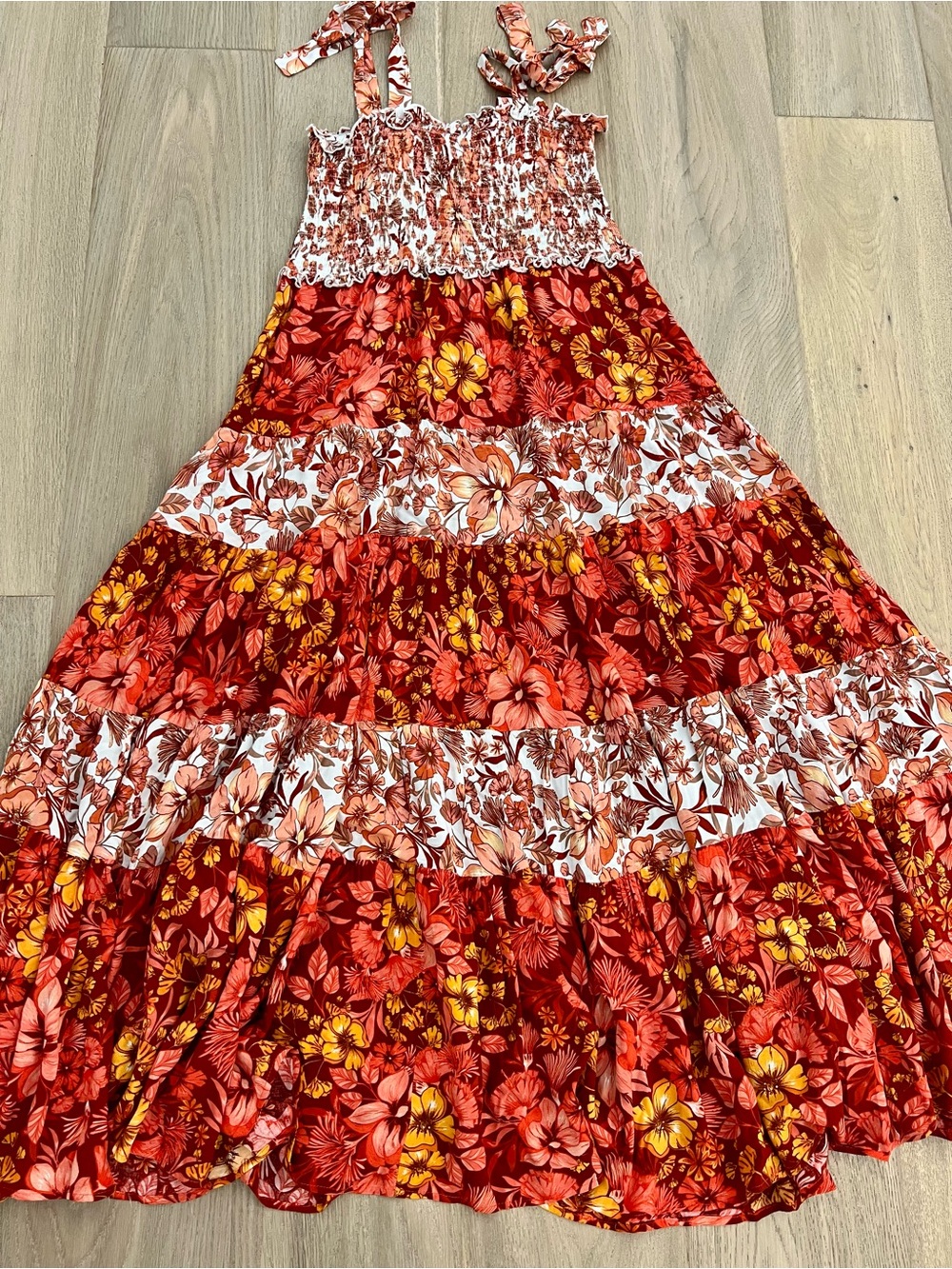 Red Floral Tiered Maxi Dress with Smocked Bodice
